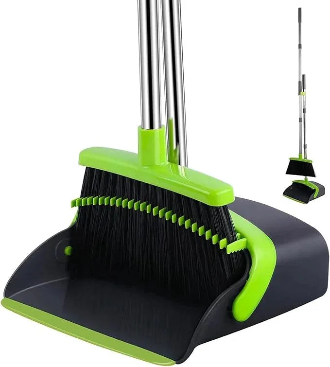 Standing Broom and Dustpan Set, Built-in Scraper Teeth, No-Slip Grip, Dust Collection Tray for Home, Office, Lobby, and Outdoor, Adjustable Handle from 38.18" to 52" (Black & Green) - NeatNest