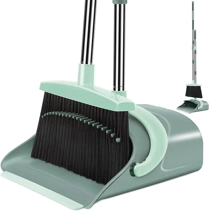 Broom and Dustpan Set for Home, Dust pan with Long Handle, Broom with Dustpan Combo Set, for Home Kitchen Room Office Lobby Floor Use Upright Stand Up Sweeping (Gray&Green) - NeatNest