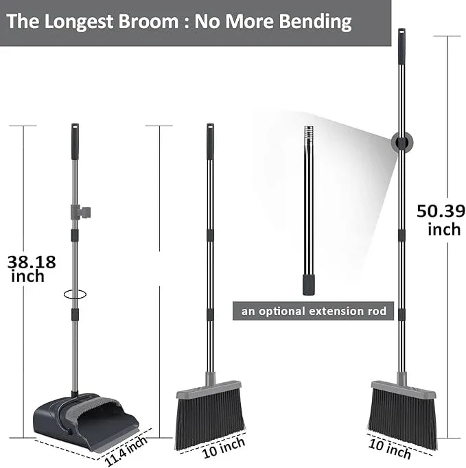 kelamayi Broom and Dustpan Set for Home, Office, Indoor&Outdoor Sweeping, Stand Up Broom and Dustpan (Black&Gray) - NeatNest