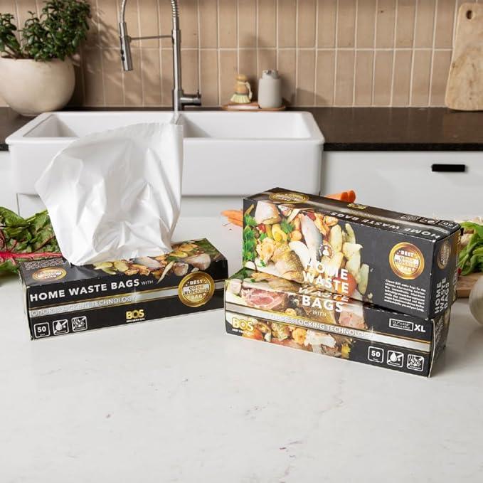 BOS Odor-Sealing Kitchen, Home & Food Small Trash Bags for Waste- Disposable Bags - Scent & Smell Free (50 Bags) [Size XL, Color White] (Pack of 2) - NeatNest