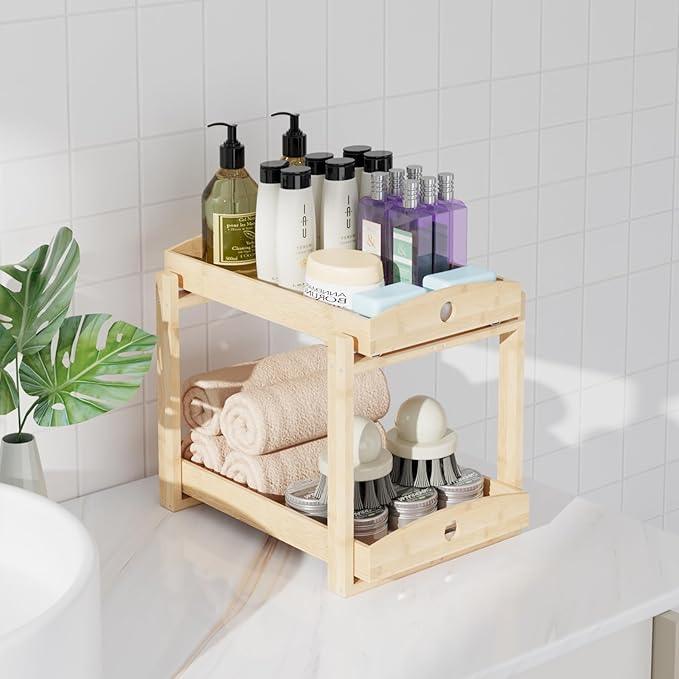 Bamboo Wood Under Sink Organizer 1 Pack, Pull Out Cabinet Organizer 2 Tier Under Sink Organizers and Storage with Sliding Drawer Sturdy Easy Assembly for Kitchen Bathroom Undersink (Nature, 2 Packs) - NeatNest