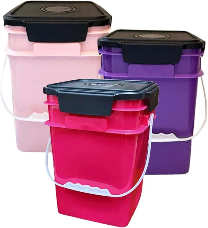 House Naturals 4 Gallon Square Food Grade Bucket Pail with Plastic Handles and Lid (Pack of 3) Made in USA containers (Pink/Magenta/Purple - Black lids) - NeatNest