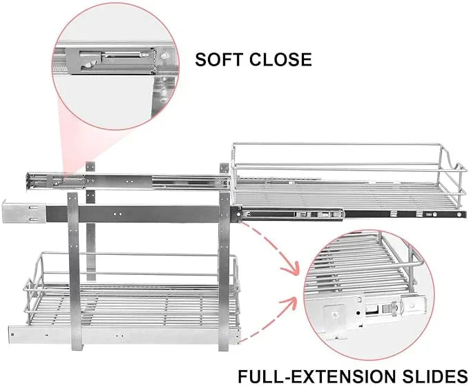 2 Tier Pull Out Cabinet Organizer,(14½"W x 22" D) Soft Close Slide Out Drawer For Kitchen Base Cabinet, Individual Pull Out Shelf, Roll Out Pantry Organization, 22 Inch Deep - NeatNest