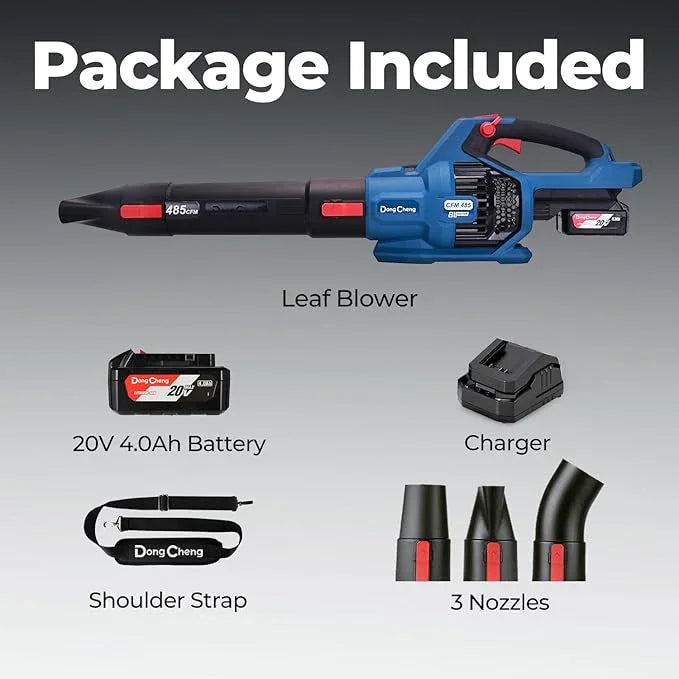 Dong Cheng Brushless 20V Leaf Blower, 485 CFM Variable Speed & Turbo Mode, Cordless Leaf Blower with 3 Nozzles, Shoulder Strap, 4.0Ah Battery and Charger, Blowing Leaves for Patio, Lawn & Garden - NeatNest
