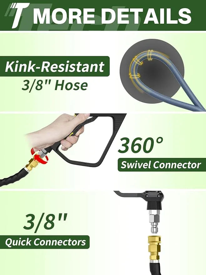 3/8" 4800PSI Pressure Washer Hose 200FT with Swivel Quick Connect for Cold/Hot Water Max 248°F, Kink Resistant Steel Wire Braided, Wear Resistant Power Washer Hose with M22 14mm Adapter - NeatNest
