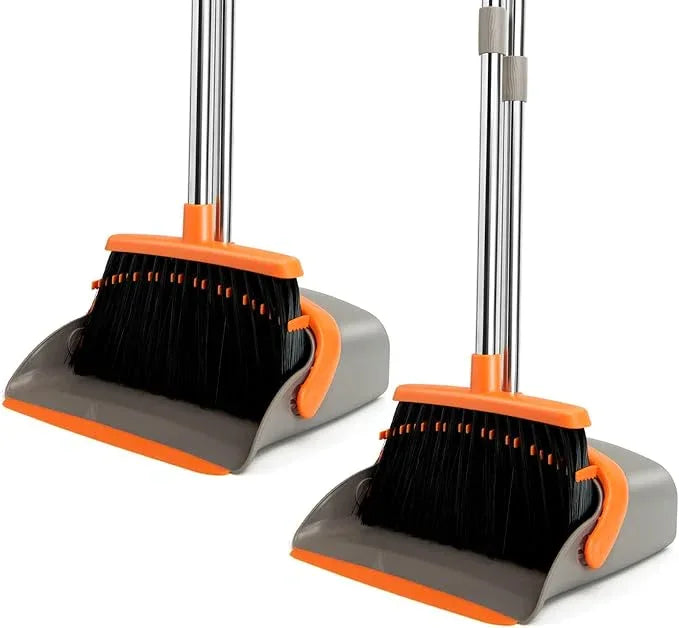 2-Pack Broom and Dustpan Set with Long Handle, Heavy Dust Broom and Dustpan Combo for Home，Kitchen, Office, Pet Hair(Gray Orange) - NeatNest
