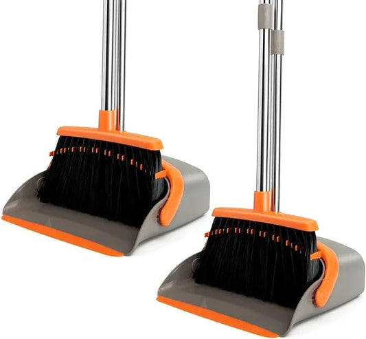 2-Pack Broom and Dustpan Set with Long Handle, Heavy Dust Broom and Dustpan Combo for Home，Kitchen, Office, Pet Hair(Gray Orange) - NeatNest