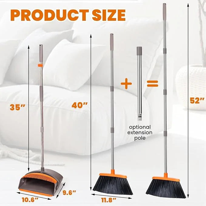 POWERJET Upright Broom & Dustpan Set (420900), Angled Lobby Broom, Exclusive Long Handle Extendable 52”, Self-Cleaning with Dustpan Teeth, Sweeping Indoor & Outdoor Home & Office Cleaning - NeatNest