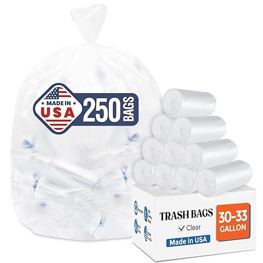 DELXO 30-33 Gallon Trash Bags, 250 Count Heavy Duty Large Clear Garbage Bags, Thick Durable and Puncture-Resistant Plastic Bags for Kitchens, Yards & Offices, Made in USA - NeatNest