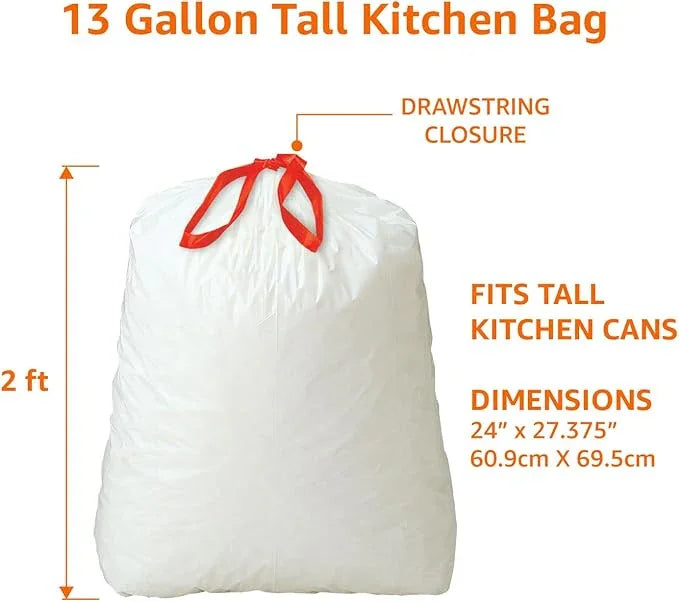 Amazon Basics Trash Bags, Tall Kitchen Drawstring, Unscented, 13 Gallon, 200 Count, Pack of 1 - NeatNest