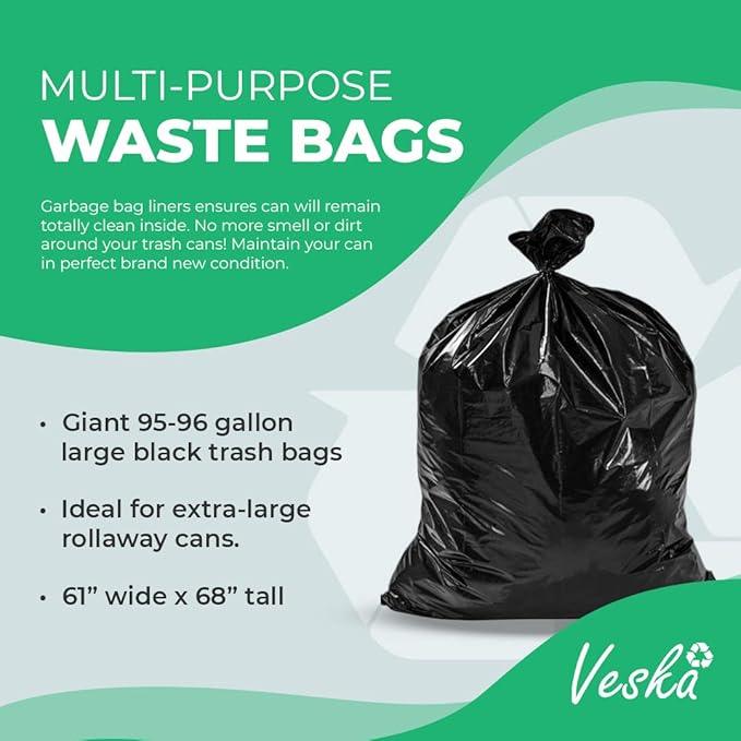 Veska 95-96 Gallon Trash Bags Heavy Duty (Huge 50 Bags W/Ties) 95-96 Gallon Trash Bags Large Black Heavy Duty Can Liners, Large 90-100 Gallon Garbage Can Liners - NeatNest