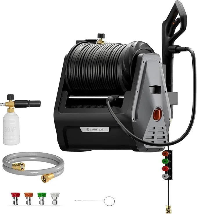 Giraffe Tools Grandfalls Pressure Washer G30B, Max 2900 PSI, 2.2 GPM, Electric Wall Mounted Pressure Washer with 100ft Black Pressure Hoses, Foam Cannon, 4-Nozzles for Car/Driveways, Dark Silver - NeatNest