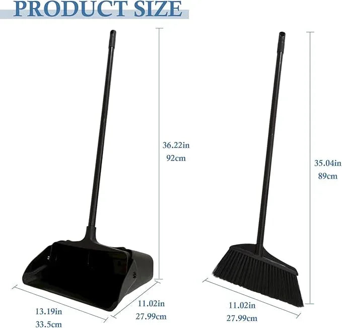 Primero Basics Broom and Dustpan Set with Long Handle and Wheels, Upright Standing Heavy Duty Large Dust Pan and Broom Combo for Indoor Outdoor, Kitchen, Garage, Restaurant Cleaning – Black - NeatNest