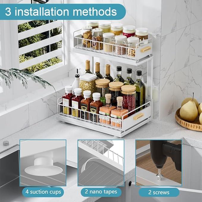 Under Sink Organizer Kitchen, Pull Out Cabinet Organizer 2 Tier Slide Out Sink Shelf Cabinet Storage Shelves, Under Sink Storage for Kitchen Bathroom Cabinet, White, 1 Pack - NeatNest