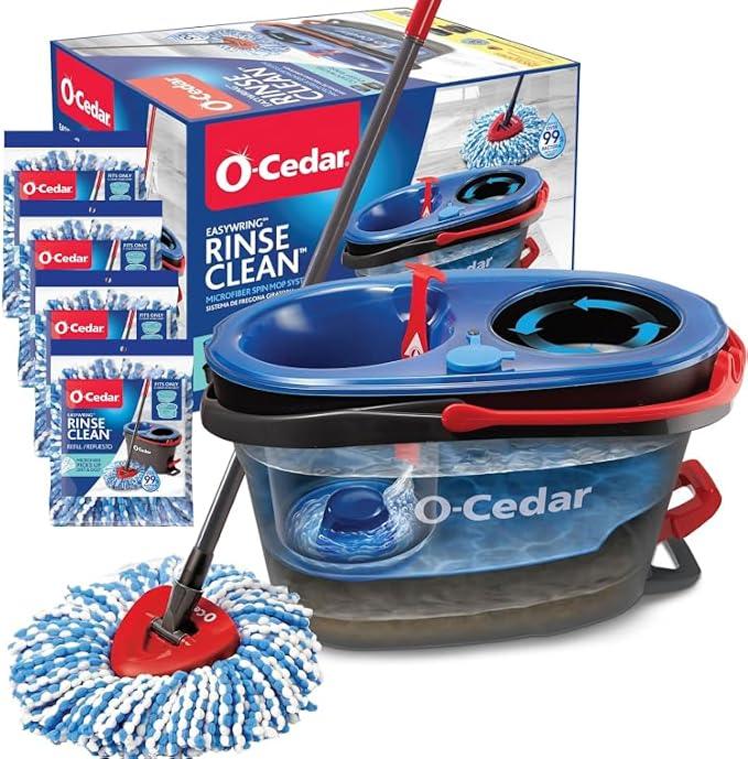 O-Cedar RinseClean Microfiber Spin Mop & Bucket Floor Cleaning System with 4 Extra Mop Head Replacements - NeatNest