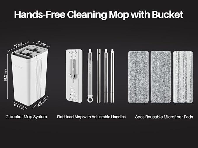 JOYMOOP Mop and Bucket with Wringer Set for Home, Flat Mop and Bucket System, Mops for Floor Cleaning and Wall Cleaner, with 3 Reusable Microfiber Mop Pads - NeatNest