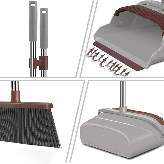 kelamayi Upgrade Broom and Dustpan Set, Self-Cleaning with Dustpan Teeth, Ideal for Dog Cat Pets Home Use, Super Long Handle Upright Stand Up Broom and Dustpan Set (Brown) - NeatNest