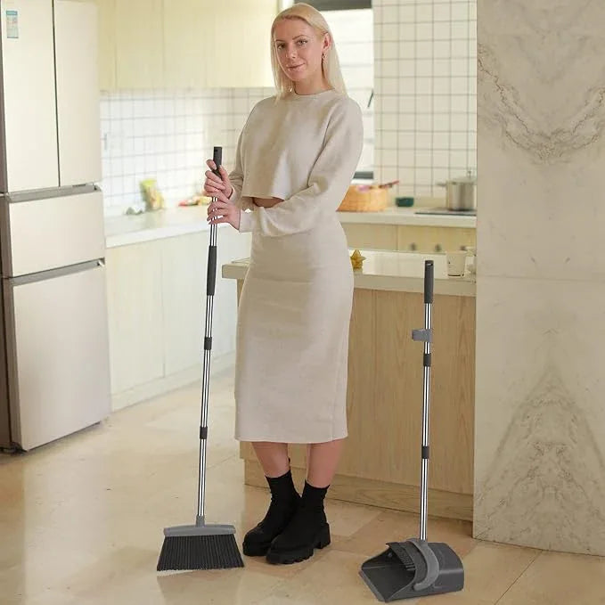 Broom and Dustpan Set, Dust pan with Long Handle, Broom with Dustpan Combo Set, Broom and Dustpan for Home, Indoor or Outdoor Cleaning Tool (Deep Gray&Light Gray) - NeatNest