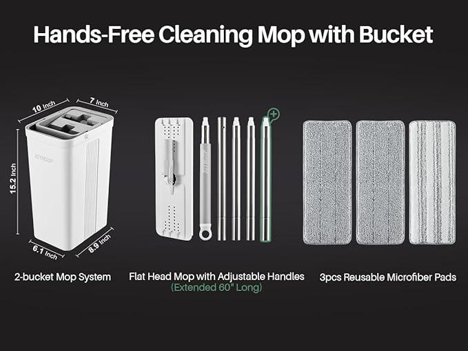 JOYMOOP Mop and Bucket with Wringer Set, White Flat Squeeze Bucket Set for Floor Cleaning, Wet Dry Wall Cleaner with Long Handle, Hardwood Floor Mop-3 Microfiber Cloths - NeatNest