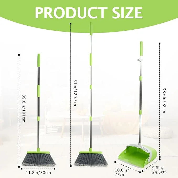 Broom and Dustpan Set, Dustpans with Broom Combo for Home, Heavy Dust Broom and Dustpan Combo, Long Handle Dust Pan and Broom Set for Kitchen, Office, Pet Hair(Gray Green) - NeatNest