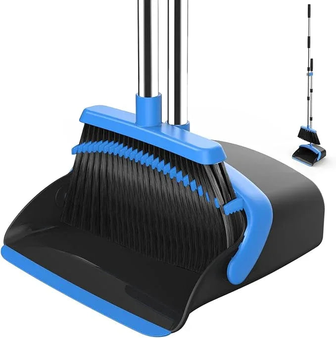 NACENA Broom and Dustpan Set, 52-in Long Adjustable Handle Broom Dustpan Combo with Dustpan Teeth to Automatically Clean Hair Suitable for Home Kitchen Office Hall Floor（Black&Blue） - NeatNest