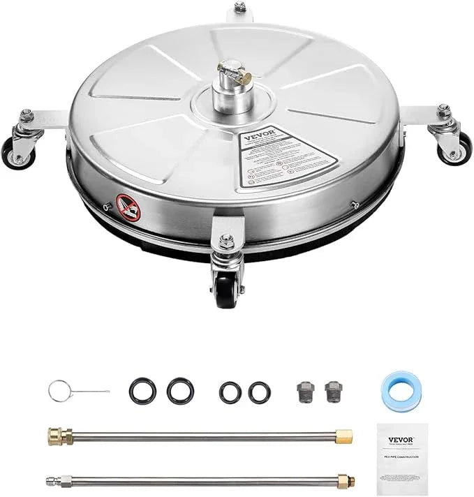VEVOR 18" Pressure Washer Surface Cleaner, Stainless Steel Pressure Washer Attachments with 4 Wheels, 4000 Max PSI, 1/4 Quick Connector, 2 Spray Nozzles, 2 Extended Wands for Concrete, Patio, Deck - NeatNest