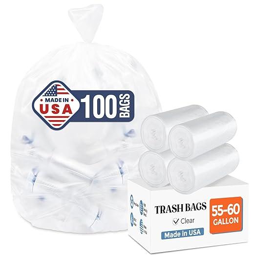 Delxo 55-60 Gallon Trash Bags, 100 Count – 0.9 Mil Medium Duty Garbage Bags, Durable & Puncture-Resistant Plastic Bolsas para basura, Perforated Design– Made in USA for Kitchen, Yard, Office (Clear) - NeatNest