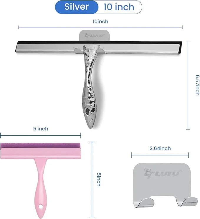 2-Pack Shower Squeegee for Glass Doors, 10 inch Silver Stainless Steel & 5 inch Pink Mini with 2 Hooks, Non-Slip Hammered Handle, Silicone Wiper for Shower, Bathroom, Tile and Mirror - NeatNest