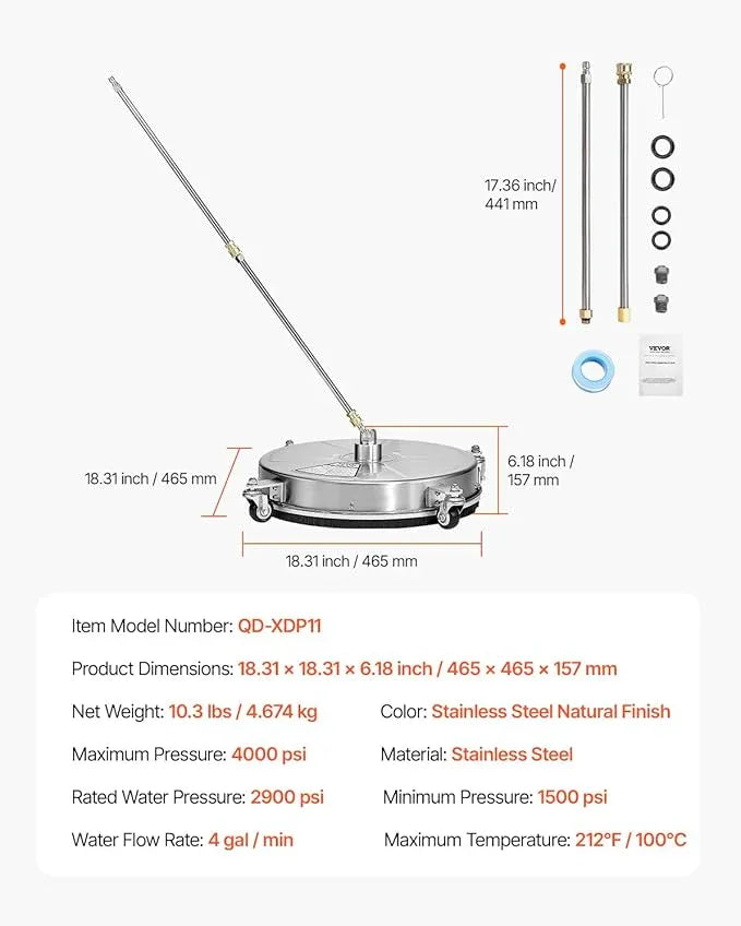 VEVOR 18" Pressure Washer Surface Cleaner, Stainless Steel Pressure Washer Attachments with 4 Wheels, 4000 Max PSI, 1/4 Quick Connector, 2 Spray Nozzles, 2 Extended Wands for Concrete, Patio, Deck - NeatNest
