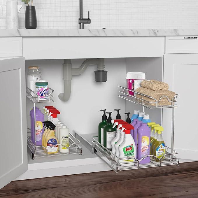 OCG Under Sink Cabinet Organizer Two Tier Pull Out Shelf (14.75W x 21D), Under Sink Sliding Shelf for Kitchen Bathroom Cabinet 2 Tier Chrome - NeatNest