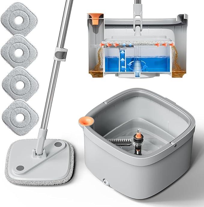 KZKR Spin Mop and Bucket Set with Self Separation Dirty and Clean Water System, Self Wringing 360° Rotating Square Mop Head for Home Floors Cleaning (1.0 Mop and Bucket Set (4 Pads)) - NeatNest