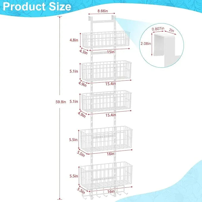 Adjustable Over The Door Organizer, Metal Hanging Door Organizer with 5 Wire Basket 7 Hooks, Wall Mounted Shelf for Pantry Closet Organization and Storage, White - NeatNest