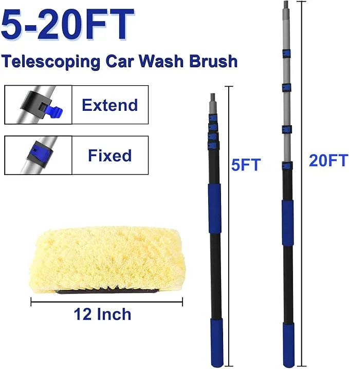 SKGPOLE 26Ft Reach Car Wash Brush with Long Handle, Car Cleaning Brush 12-Inch Soft Bristles, 5-20Foot Aluminium Telescoping Pole for Scratch-Free Cleaning RV, Car, Boats, Truck, Floors, Solar Panels - NeatNest