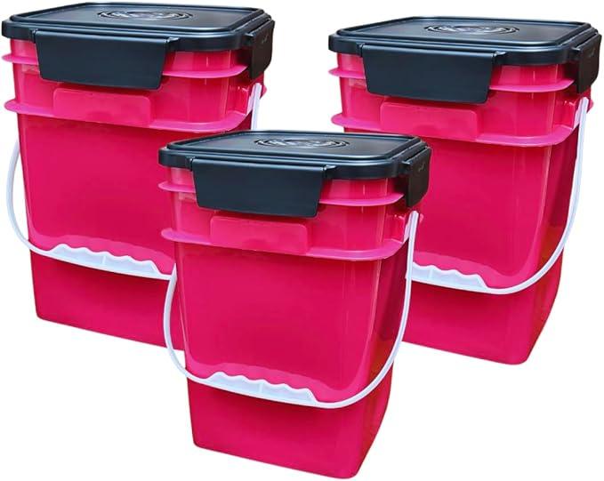 House Naturals 4 Gallon Square Food Grade Bucket Pail with Plastic Handles and Lid (Pack of 3) Made in USA containers (Magenta - Black lids) - NeatNest