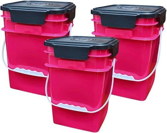 House Naturals 4 Gallon Square Food Grade Bucket Pail with Plastic Handles and Lid (Pack of 3) Made in USA containers (Magenta - Black lids) - NeatNest