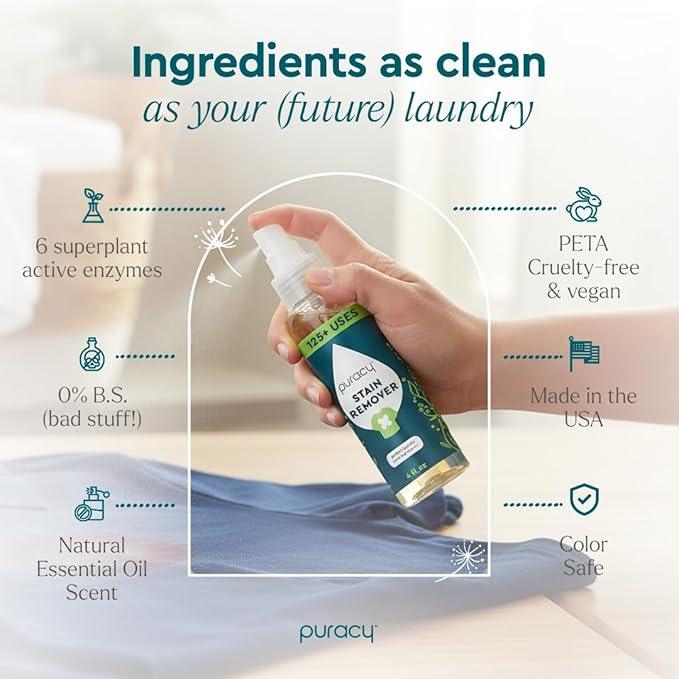 Puracy Stain Remover, Natural Travel and Laundry Stain Cleaner for Clothes, Baby Essentials, Kids Stains, Oil and Fabric Spot Cleaner, Unscented (Stain Remover Spray, 4 fl oz) - NeatNest