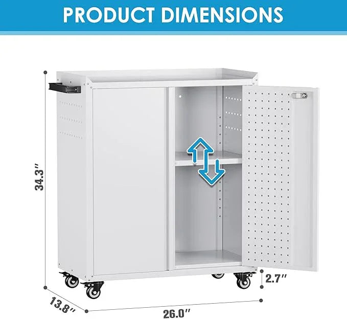 SUXXAN Metal Storage Cabinet with 2 Doors and 4 Hooks,34" H Top Workbench Mobile Tool Chests Garage Cabinets with 4 Wheels and Lock/Push Arm for Home,Office,Shop(White) - NeatNest