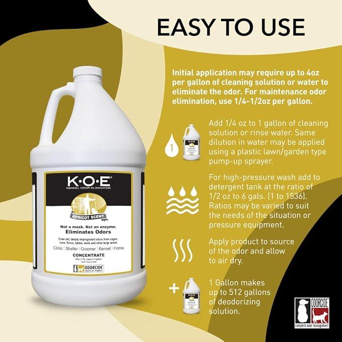Odorcide K.O.E. Apricot Odor Eliminator Concentrate for Strong Odor for Cages, Runs & More – Home & Kennel w/Safe, Non-Enzymatic Formula - 128 oz - NeatNest