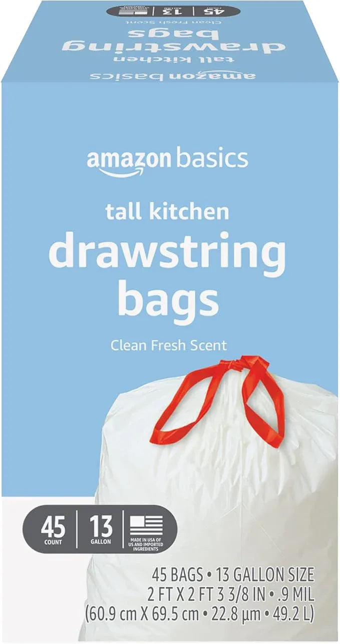Amazon Basics Tall Kitchen Drawstring Trash Bags, Clean Fresh Scent, 13 Gallon, 45 Count (Previously Solimo) - NeatNest