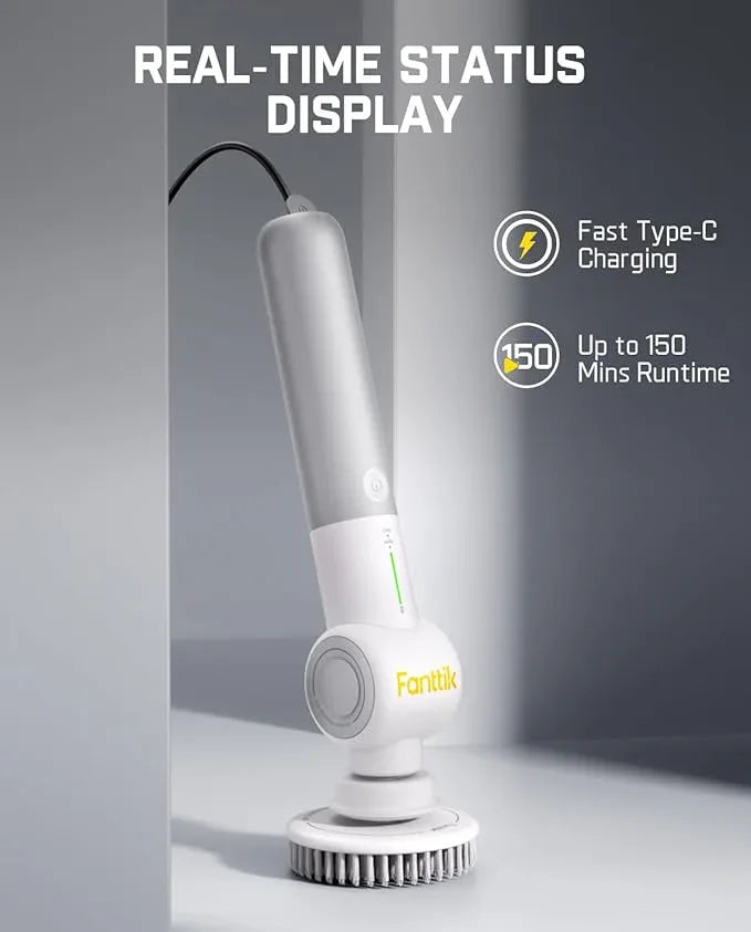Fanttik Flip G9 Pro Electric Scrubber, VoltiPulse Motor, Dual-Speed Cleaner with 6 Brush Heads, Adjustable Angle & Extendable Handle, IPX7 Waterproof, Type-C Charge for Bathroom, Tile, Grout - White - NeatNest