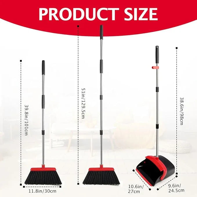 Broom and Dustpan Set with Long Handle, Heavy Dust Broom and Dustpan Combo for Home，Kitchen, Office, Pet Hair 2PCS (Black Red) - NeatNest