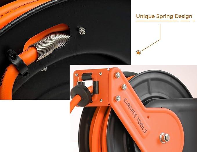 Giraffe Tools TA15BPLUS Retractable Air Hose Reel with Swivel Bracket 3/8" x 50 ft Hybrid Hose, Ceiling/Wall Mounted Heavy Duty Industrial Air Compressor Hose Reel, 300PSI, 50ft - NeatNest