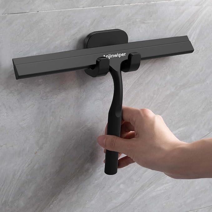 Household Squeegee for Shower Glass Doors, Silicone Shower Squeegee with Adhesive Hook, Bathroom Squeegee for Shower, Window Cleaner Tool for Glass Door, Kitchen, Tile Wall(10 inch-Black) - NeatNest