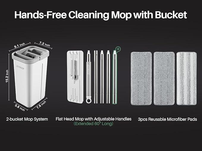 JOYMOOP Mop and Bucket with Wringer Set, Hands Free Flat Floor Mop and Bucket, 60" Mop with 3 Reusable Microfiber Pads, Wet and Dry Use, Floor Cleaning System - NeatNest