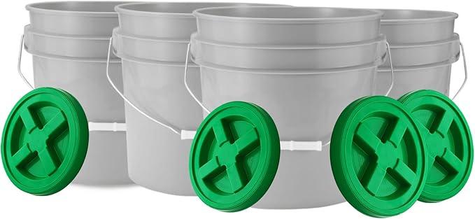 House Naturals 3.5 Gallon Food Grade Grey Bucket Pail with Green Screw on Air-Tight Lid (Pack of 4) BPA Free containers -Made in USA - NeatNest