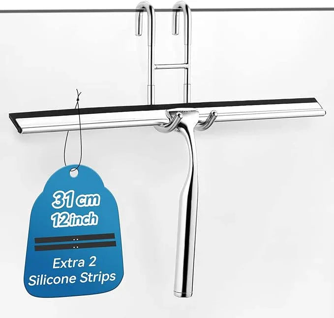 ecooe Stainless Steel Shower Squeegee with Hook, 12″ Shower Glass Cleaner Wiper Scraper with 2 Replacement Blade Window Squeegee for Home Bathroom Kitchen Car Glass Doors - NeatNest