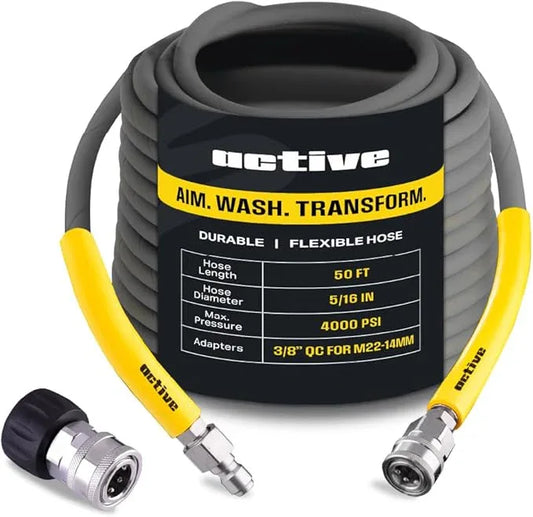 ACTIVE Pressure Washer Hose 50 Ft 5/16" - Kink Resistant Steel braided Power Washer Hose for All Electric & Gas Pressure Washers, Flex Hose w/Max 4000 PSI & 12 GPM at a peak temperature of 212F - NeatNest