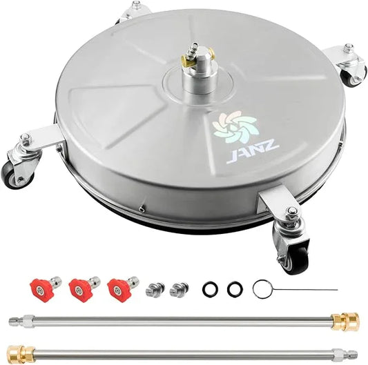 JANZ 18" Pressure Washer Surface Cleaner with 4 Wheels,1/4" Quick Plug,Stainless Steel Housing,2 Extension Wand Attachments, 3 Spray Nozzles and 2 Replacement Nozzles, 4000 PSI - NeatNest