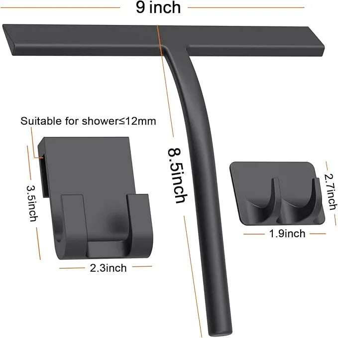 All -Purpose Silicone Shower Squeegee for Shower Glass Door with Hook, Bathroom Accessories for Window Mirror Tile Car Shower Walls,Household Shower Cleaner Tool (Black, 9 inch(2hooks) - NeatNest