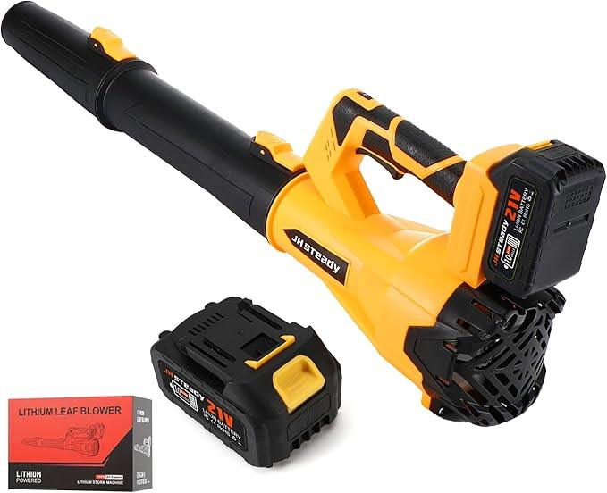 21V Cordless Leaf Blower - 3500W 350m/s, Stepless Variable Speed, Extended Nozzle, Rechargeable with Safety Gear (Yellow:2*Battery + Charger) - NeatNest
